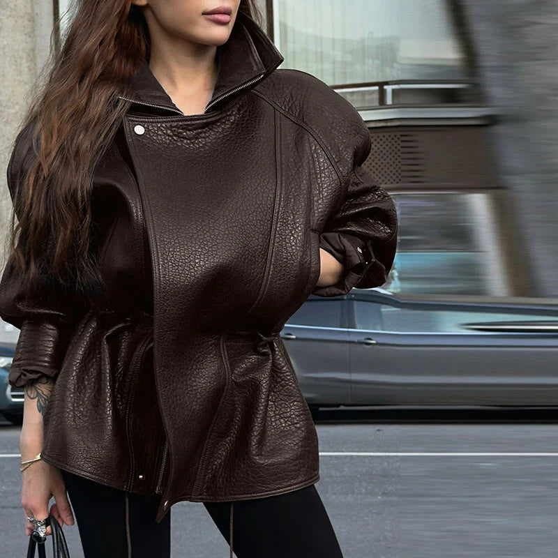 2025 Women Faux Leather Jacket Zipper Stand Collar Long Sleeve Loose Coat Fashion Autumn Winter Lady Thick Warm Outwear photo color
