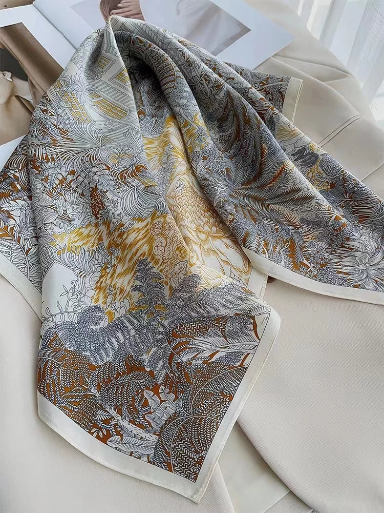 BYSIFA| New Grey Blue Silk Scarf Fashion Floral Design 70cm Square Scarves Fall Winter Neck Scarf Hijab Sweet Headband 65*65cm beige