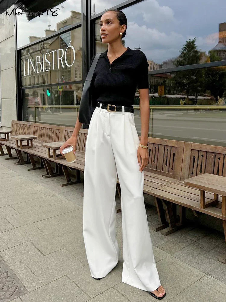 Mnealways18 White Satin High Waist Pants Elegant Women Floor-Length Pleated Trousers Casual Office Ladies Thin Baggy Pants 2024