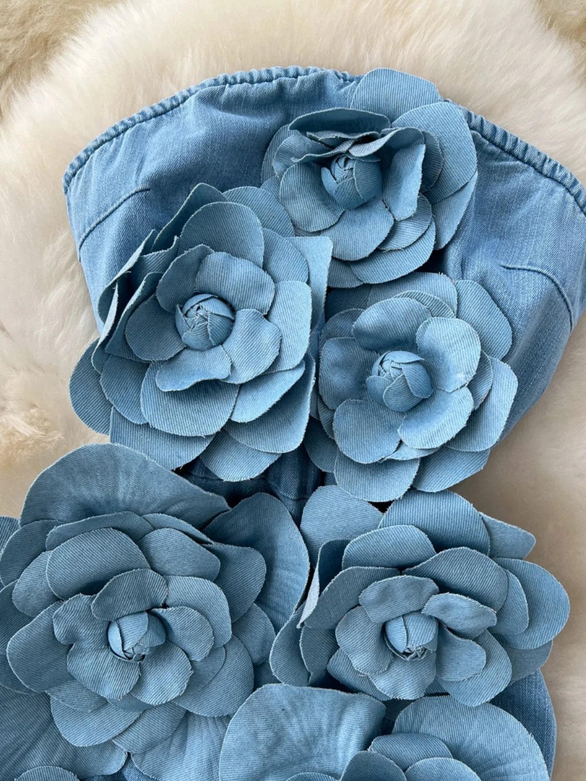 Elegant 3D Flower Rose Short Party Dresses Women Summer Holiday Sleeveless Strapless Corset Blue Denim Jeans Dress Mini Vestidos