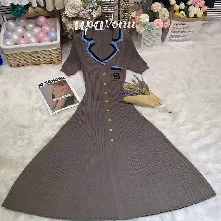 Elegant Women's Slim Fit Knitted Dress Fashionable Polo Neck Short Sleeve Single breasted Design Split Knitted Mid length Dress Brown