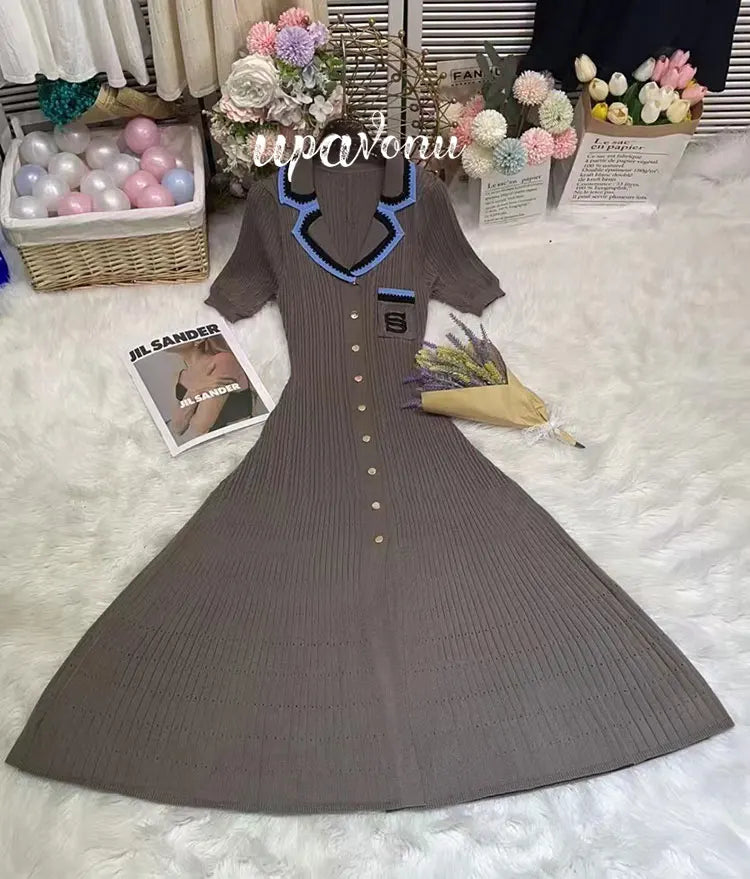 Elegant Women's Slim Fit Knitted Dress Fashionable Polo Neck Short Sleeve Single breasted Design Split Knitted Mid length Dress Brown