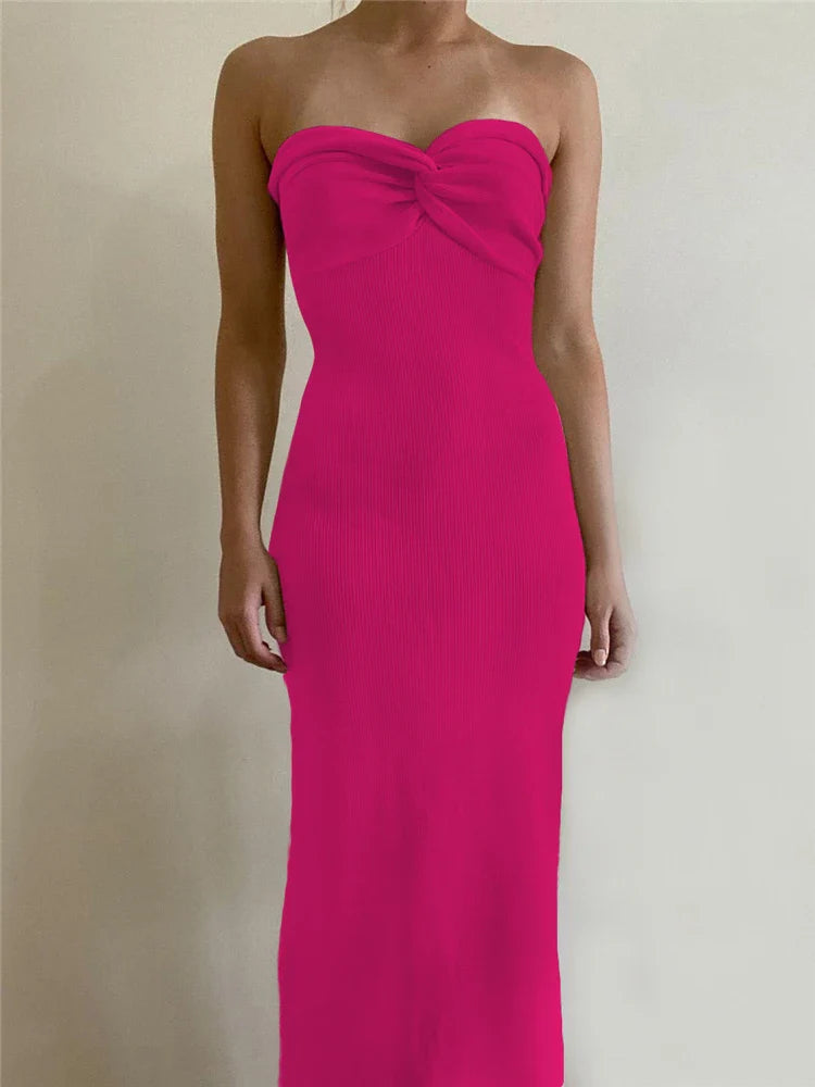 Tossy Strapless Knit Maxi Dresses For Women Summer Beach Party Bodycon Dress Off-Shoulder Twist Knitting Evening Backless Dress Rose Red