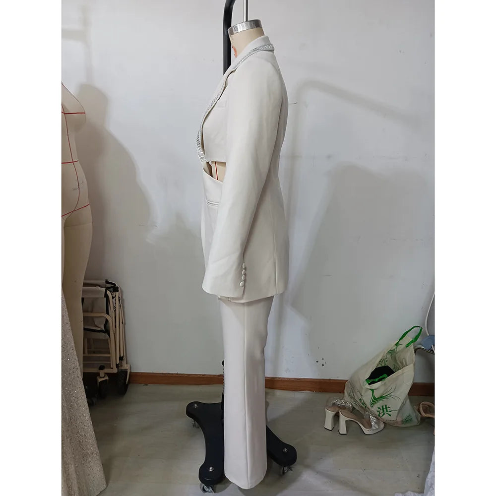 Solid Hollow Out Elegant Two Piece Sets for Women Lapel Long Sleeves Spliced Hot Fix Top High Waist Pant Set Female