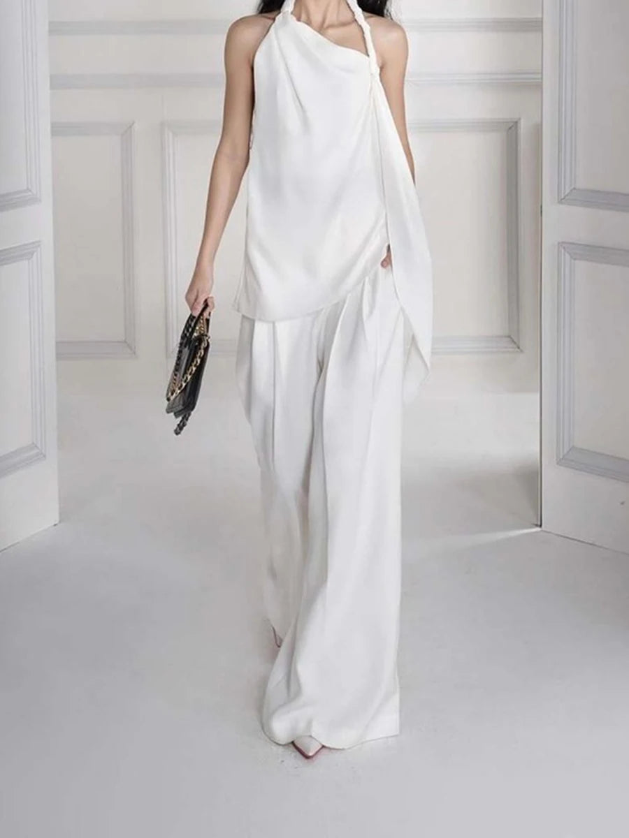 Solid Loose Two Piece Sets for Women Halter Neck Sleeveless Irregular Top High Waist Wide Leg Pants Set Female New WHITE