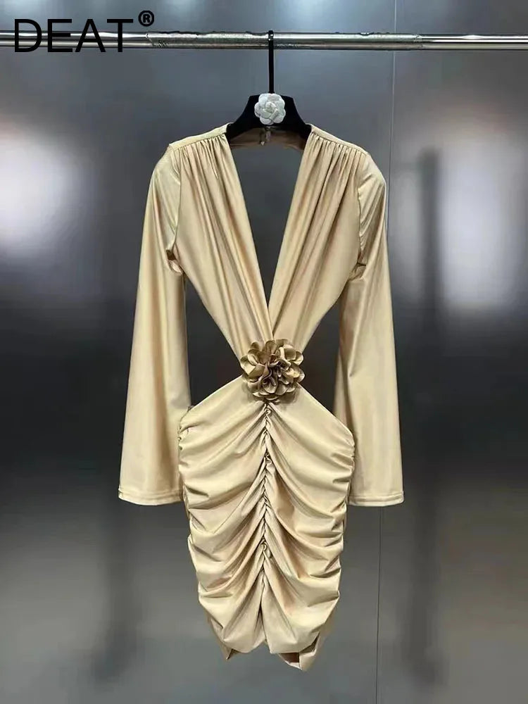 DEAT New Items Trendy Women's Wrinkled 3D Flower Chest Pad Dress Spring Fashion Long Sleeves V-neck Dresses Female 11XX8774