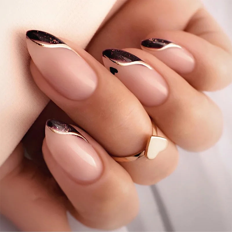 24Pcs Mid-length Almond Press on Fake Nails Irregular Line French Design Full Cover Nail Tip Shiny Powder Detachable False Nails 3XB1-00012