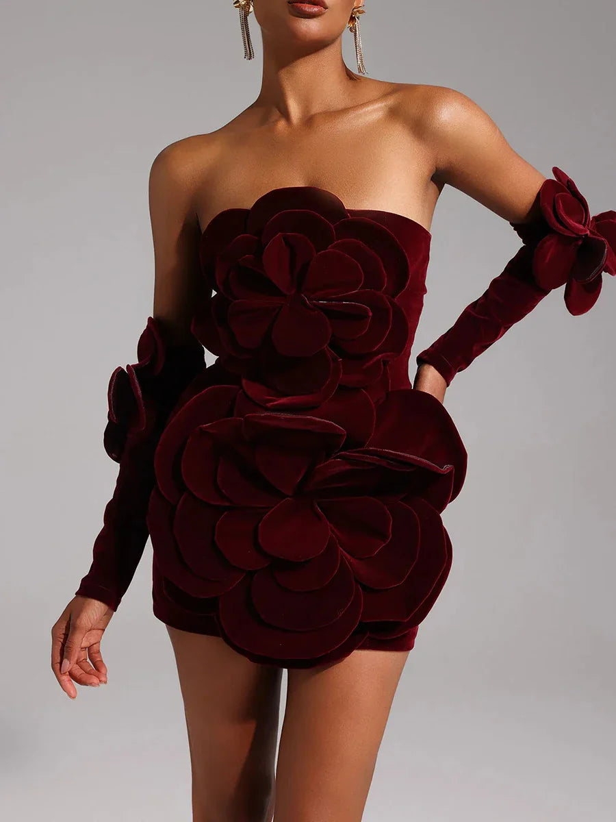 Solid Slimming Temperament Mini Dresses for Women Strapless Sleeveless Patchwork 3D Flowers Dress Female Clothing