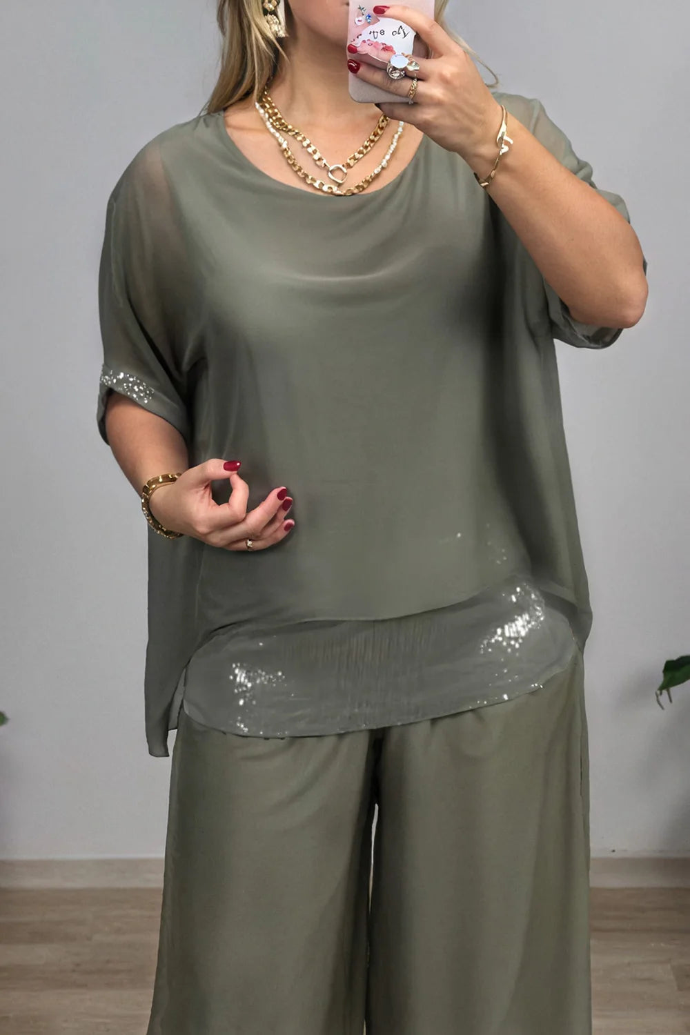 Plus Size Formal Green Elegant Round Neck Half Sleeve Pocket Chiffon Three Piece Sets