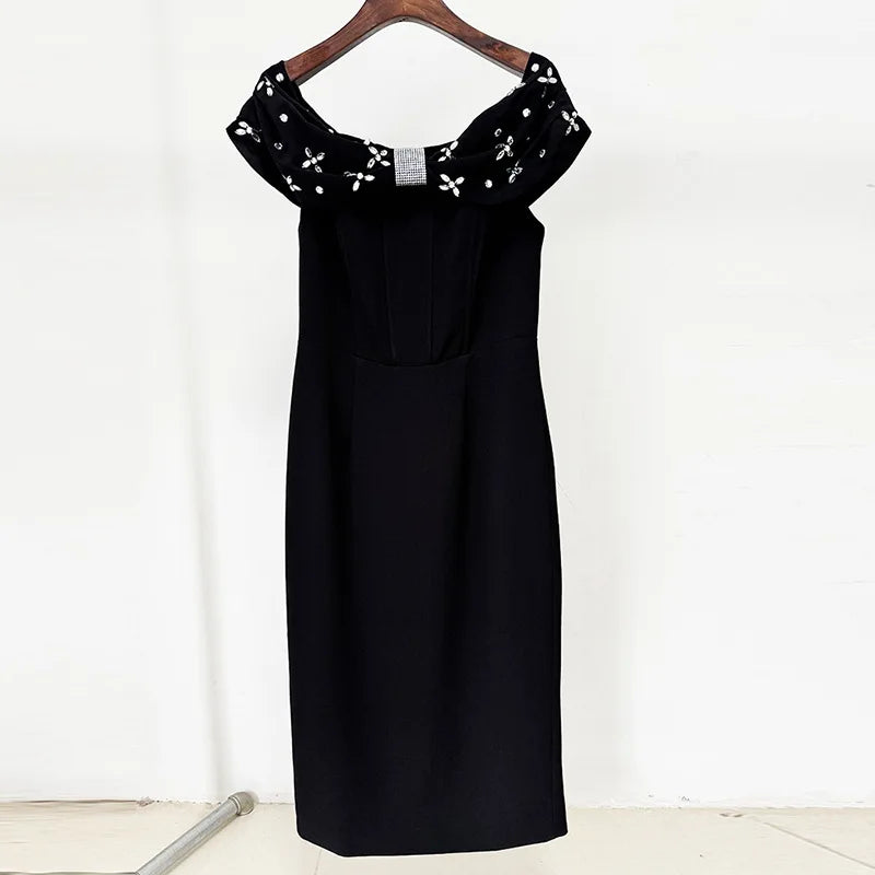 Solid Slimming Spliced Bead Elegant Dresses for Women Slash Neck Short Sleeves Temperament Dress Female Fashion New BLACK