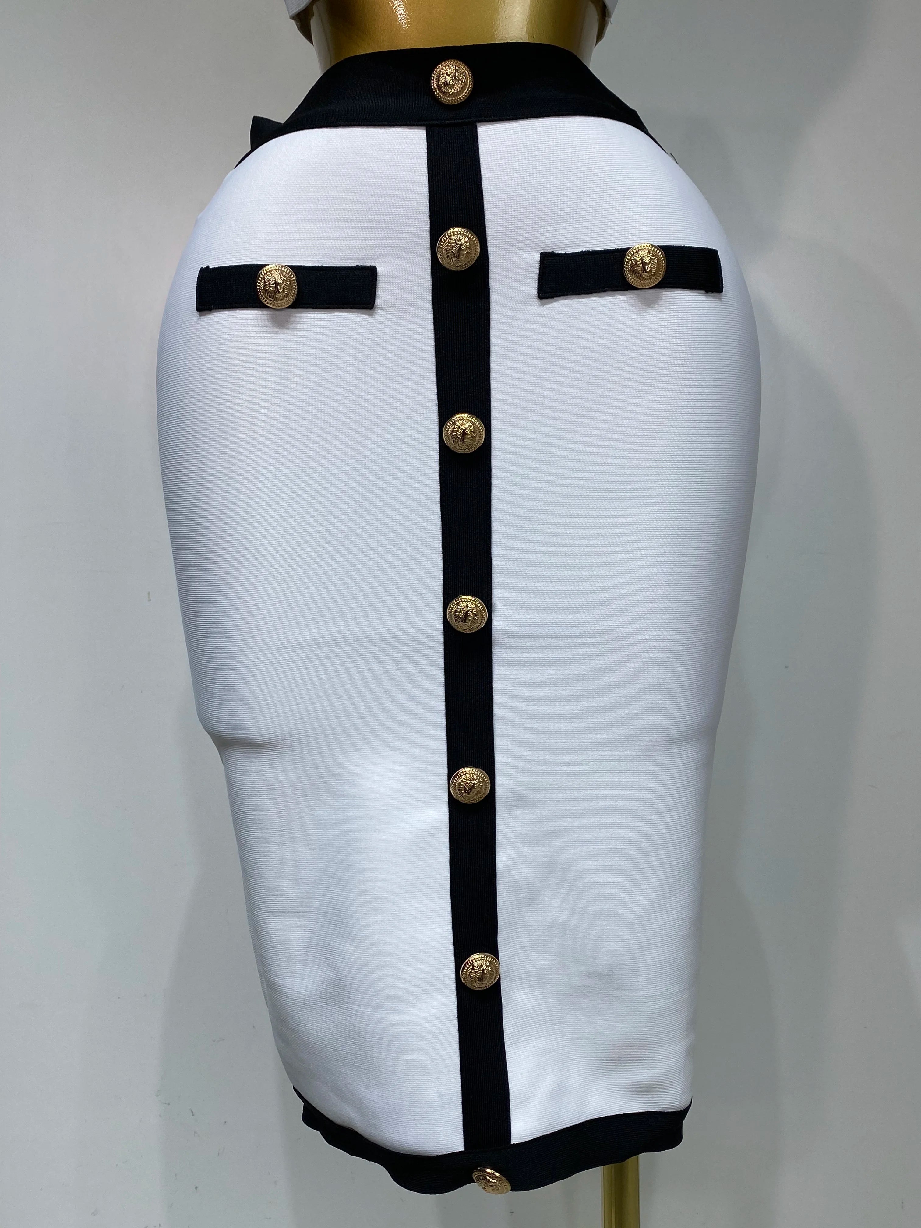Women Button Patchwork White Black Bodycon Bandage Two Piece Set 2025 Designer High Waist Party Club Skirt Set
