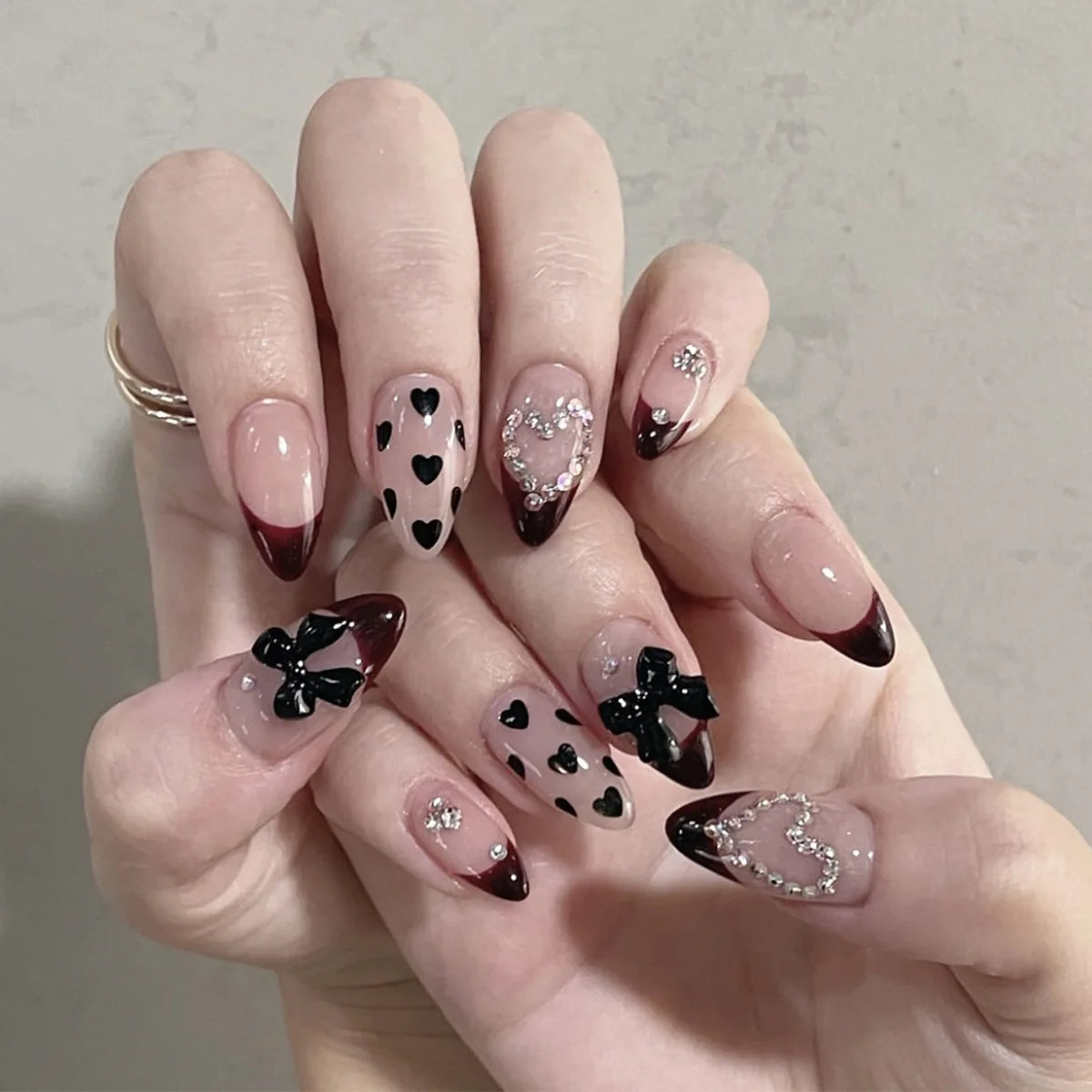 Valentine's Day Almond Press on Nails Set 3D Bow Love French Sweet False Nails Rhinestone Wearing Nail Tips Art Acrylic Manicure