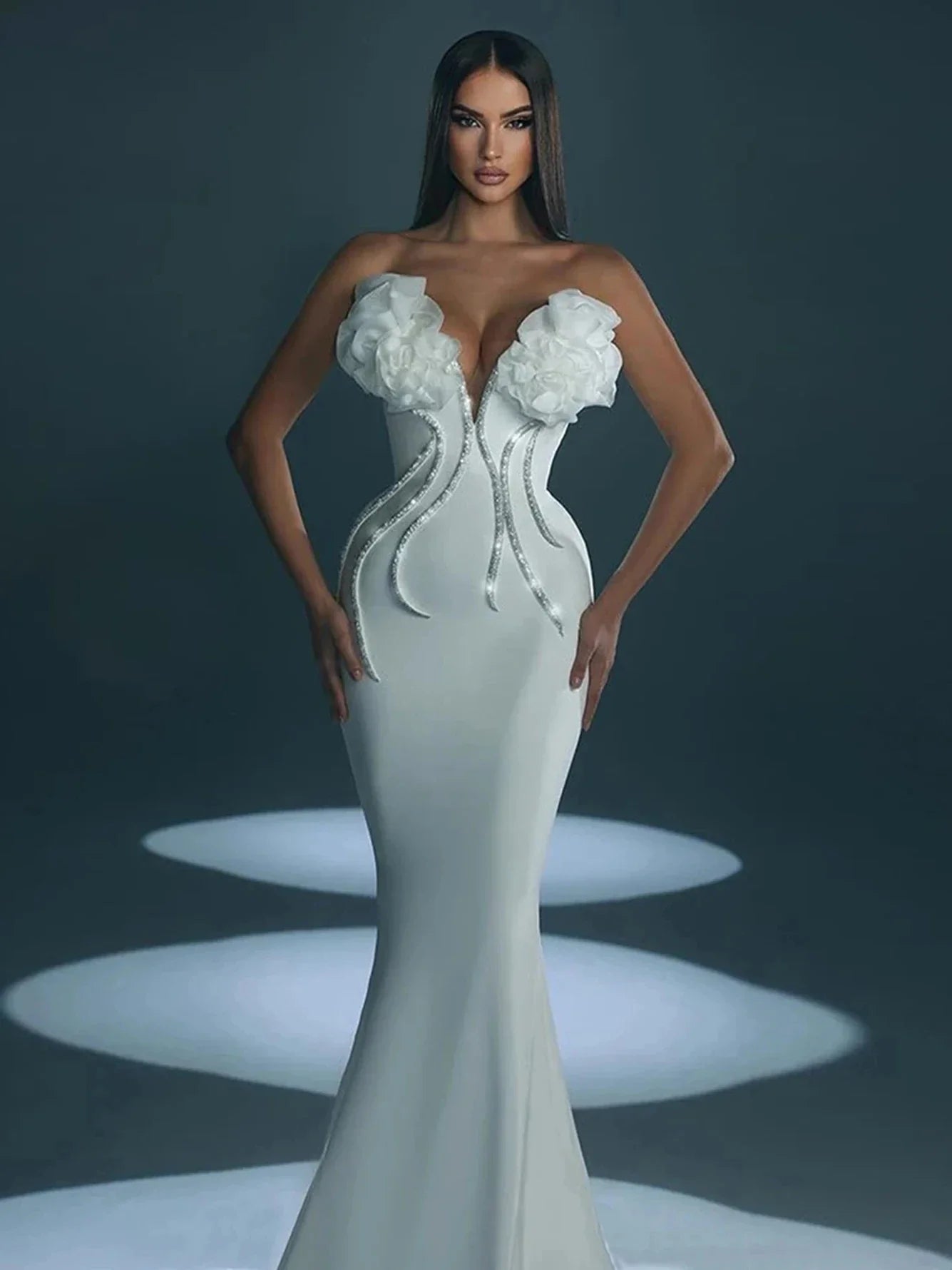 Women Celebrity Sexy Strapless Backless Beading Diamonds White Maxi Long Bandage Dress Elegant Evening Club Party Dress WHITE