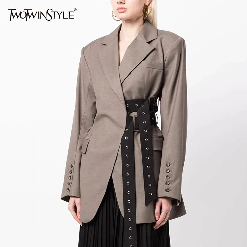 Patchwork Belt Chic Blazer For Women Notched Collar Long Sleeve Spliced Pocket Temperament Blazers Female Fashion