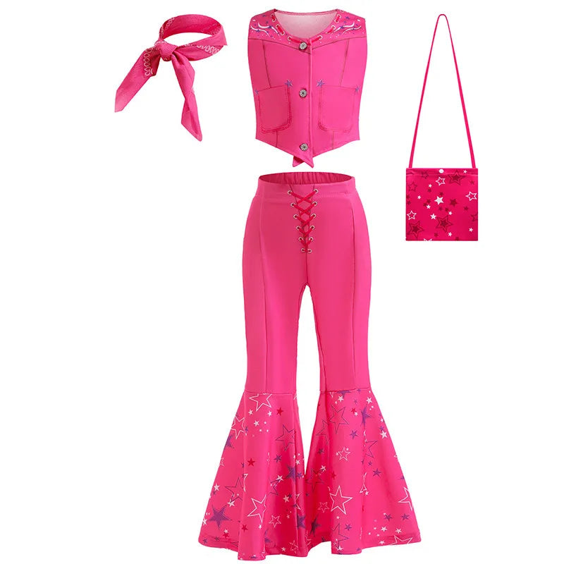 Toddler Girls Cowboy Pink Vest Pants Scarf 3 Pcs Clothing Set Margot Movie Role Play Costume Barbi Cowgirl Youth Outfit Cosplay Blue