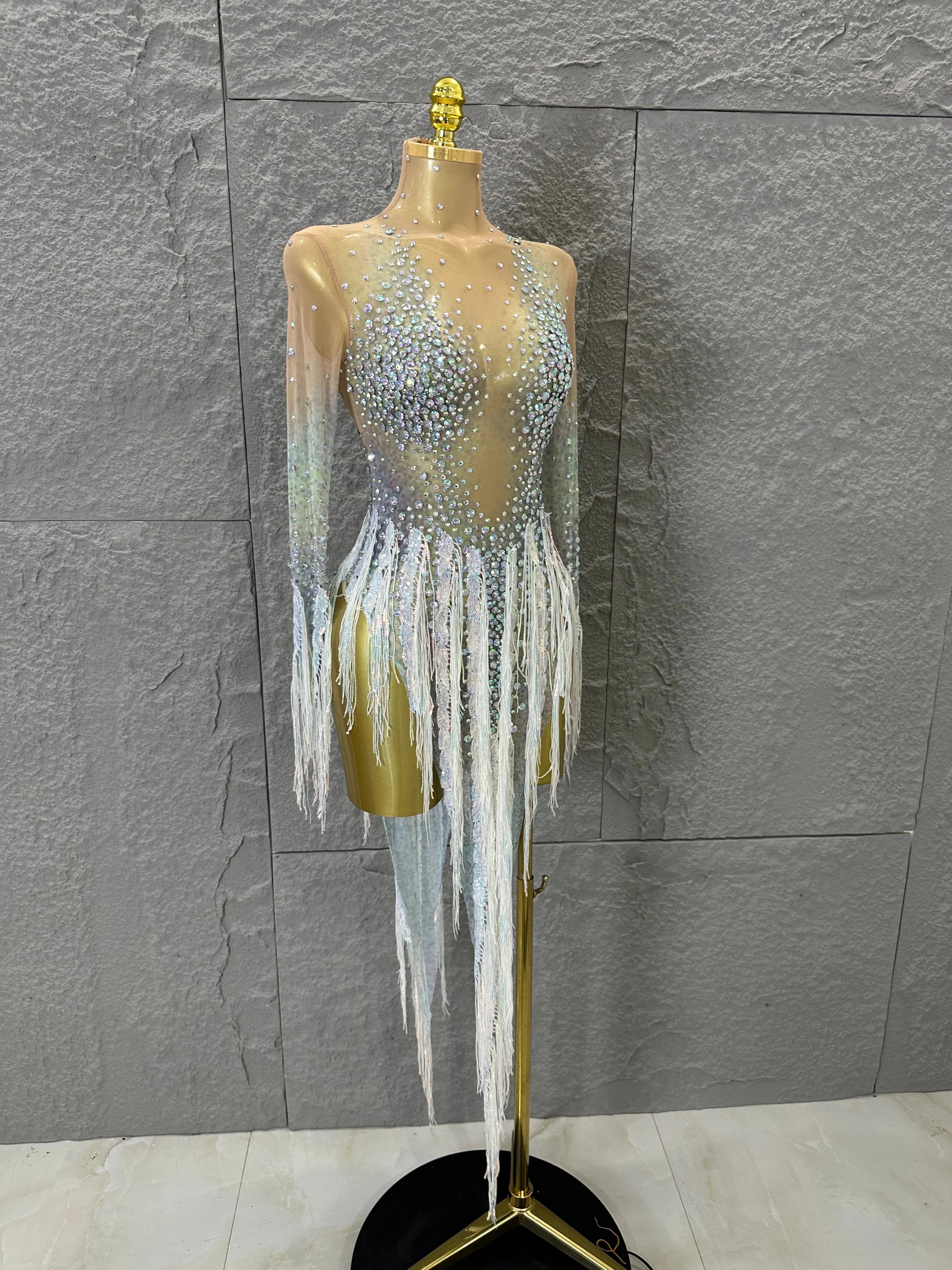 Opulent Nude Long Sleeve Dress Women Sheer Mesh Iridescent Rhinestone Fringe Embellished Latin Dance Performance Costume