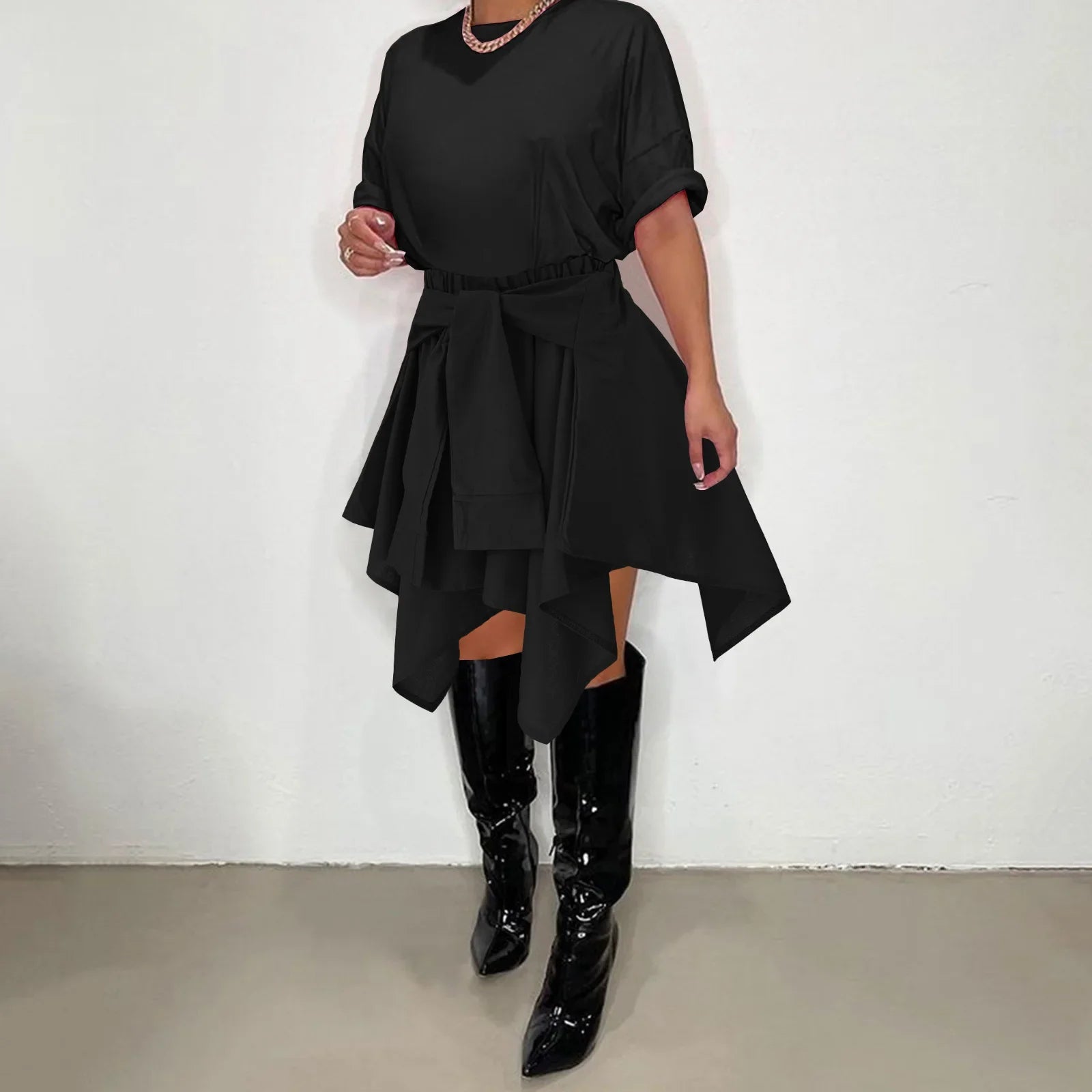 CM.YAYA Women Plaid Irregular High Waist Knee Length Skirts 2022 Summer Holiday Streetwear Sleeve Wrapped Lace Up Waist Skirt