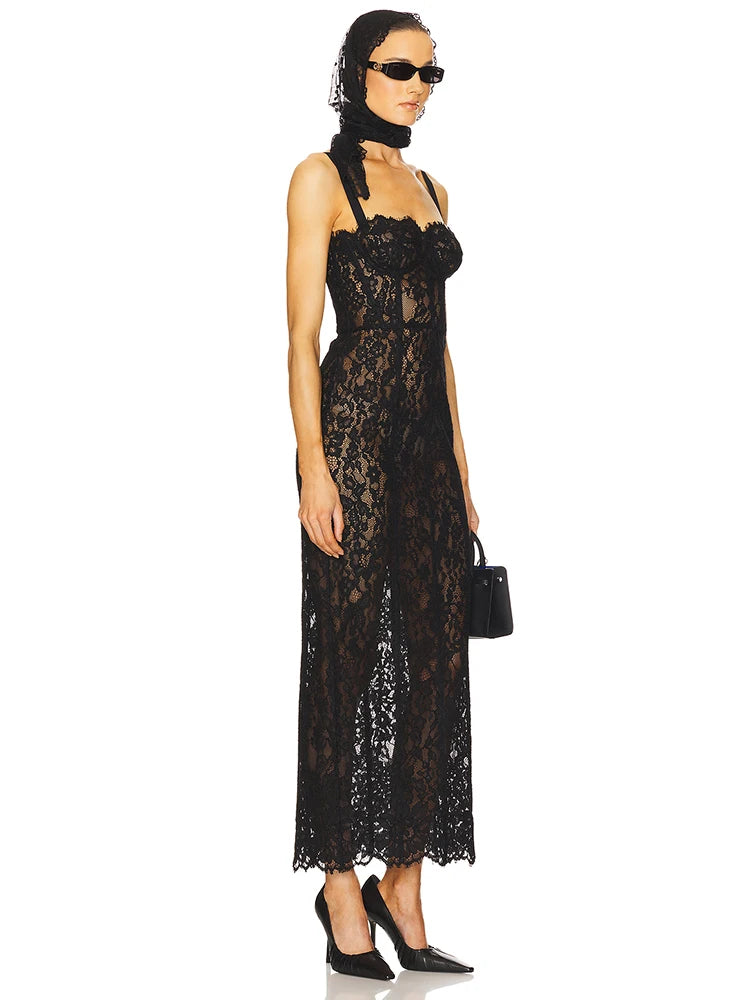 Elegant Black Lace Spaghetti-Strap Maxi Dress for Sophisticated Occasions Party Evening Gown