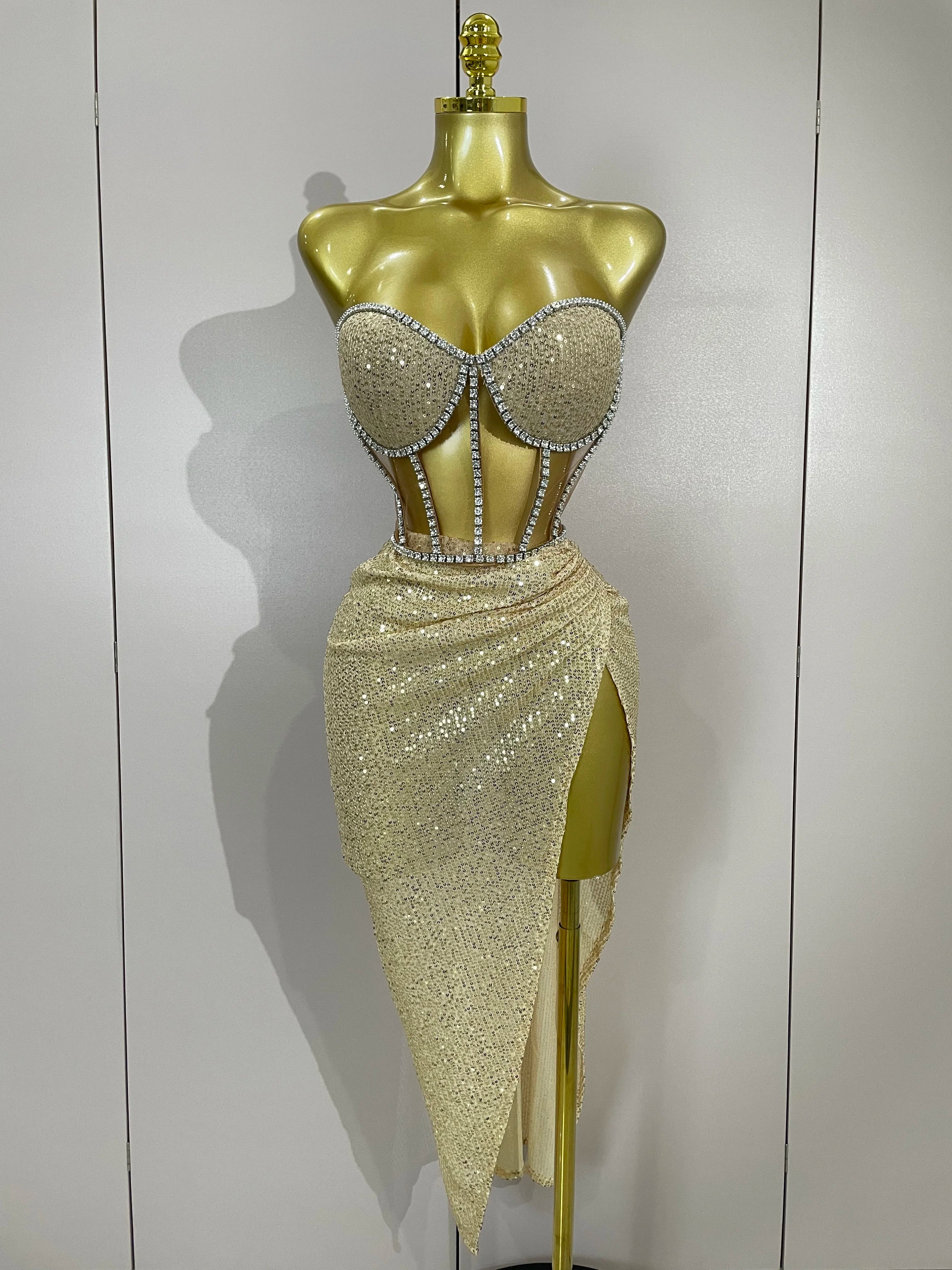 Sparkly Sequins Diamond Birthday Party Two Piece Set Evening Dress 2025 Women Sexy Singer Dancer NightClub Bar Performan Costume Khaki