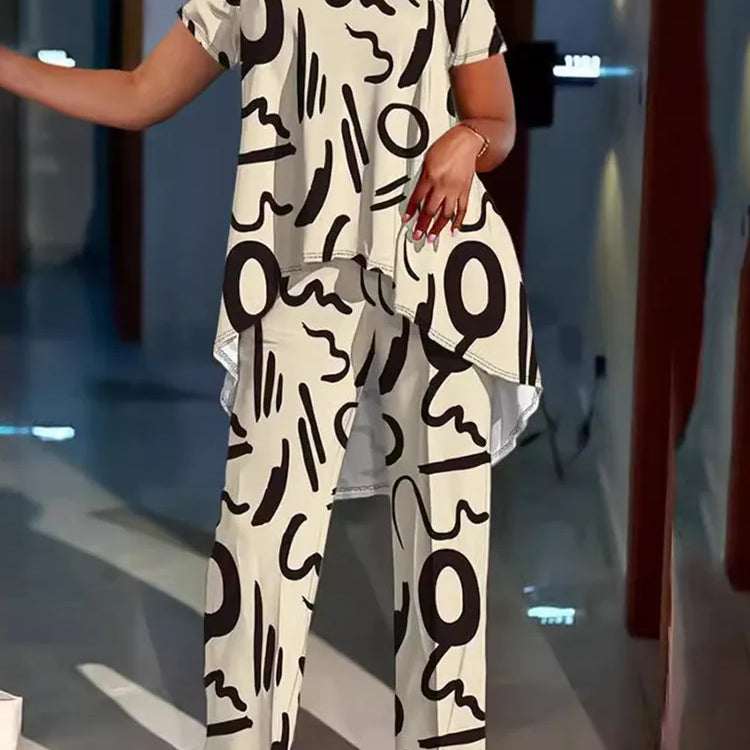 Wmstar Women Plus Size Two Piece Set 5XL Summer Casual Print T Shirt Wide Leg Pants Female Outfits Wholesale Dropshipping 2024