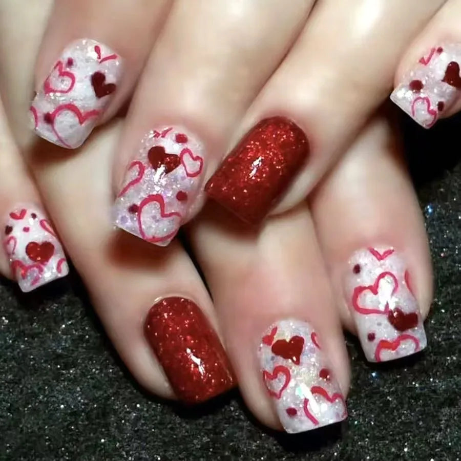 24Pcs Short Glitter False Nails Black Red Sweet Cool Press on Nails Love Valentine Wearing Nail Art Full Cover French Fake Nail 2