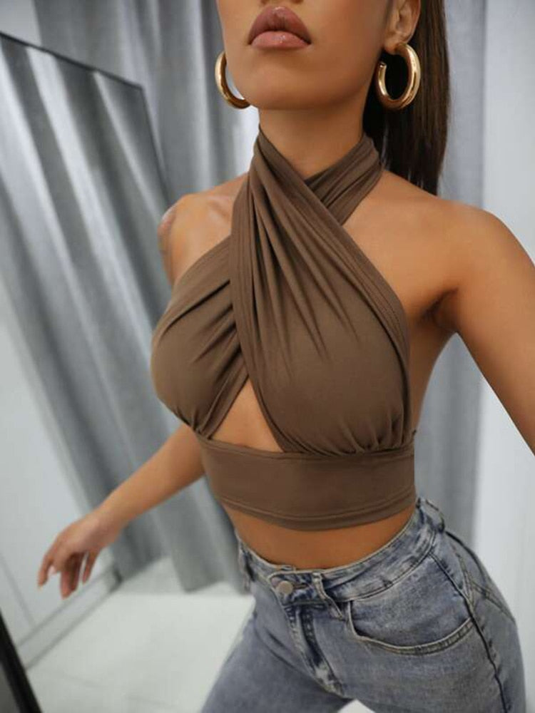 Women Summer Tank Tops Sexy Solid Color Cross Halter Neck Push Up Hollow Crop Tops High Street Wear 2024 New Fashion