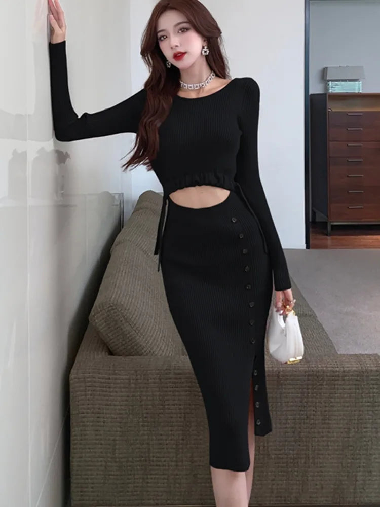Knitted Sweater Dress Women Sexy High Slit Hollow Out Button Up Lace Up Long Sleeve Pink Black Midi Dresses Vestidos Clothes black One Size