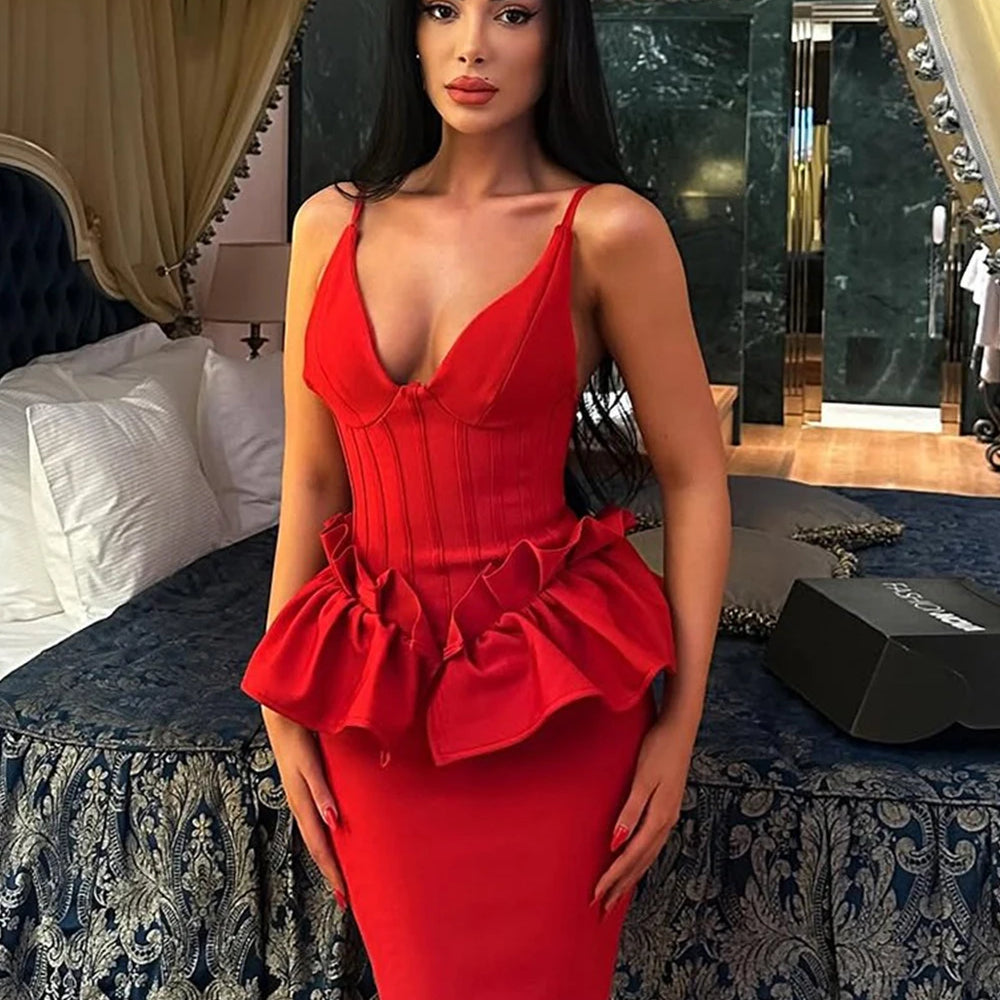 Sexy Women Long Bandage Dress Ruffle Sleeveless Slim Solid Summer Party Fishbone Maxi Dress Clubwear Female Vestido Outfits