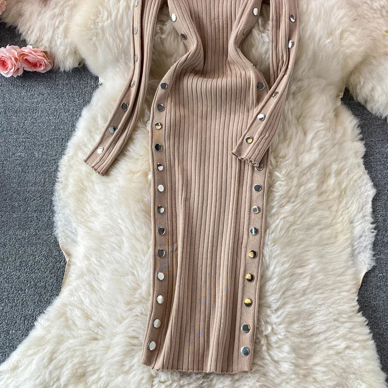 Winter Women's Knitted Sweater Dresses O-Neck Long Sleeve Slim Side Double Row Buckle Hip Wrap Dress Ladies Sheath Dress Autumn