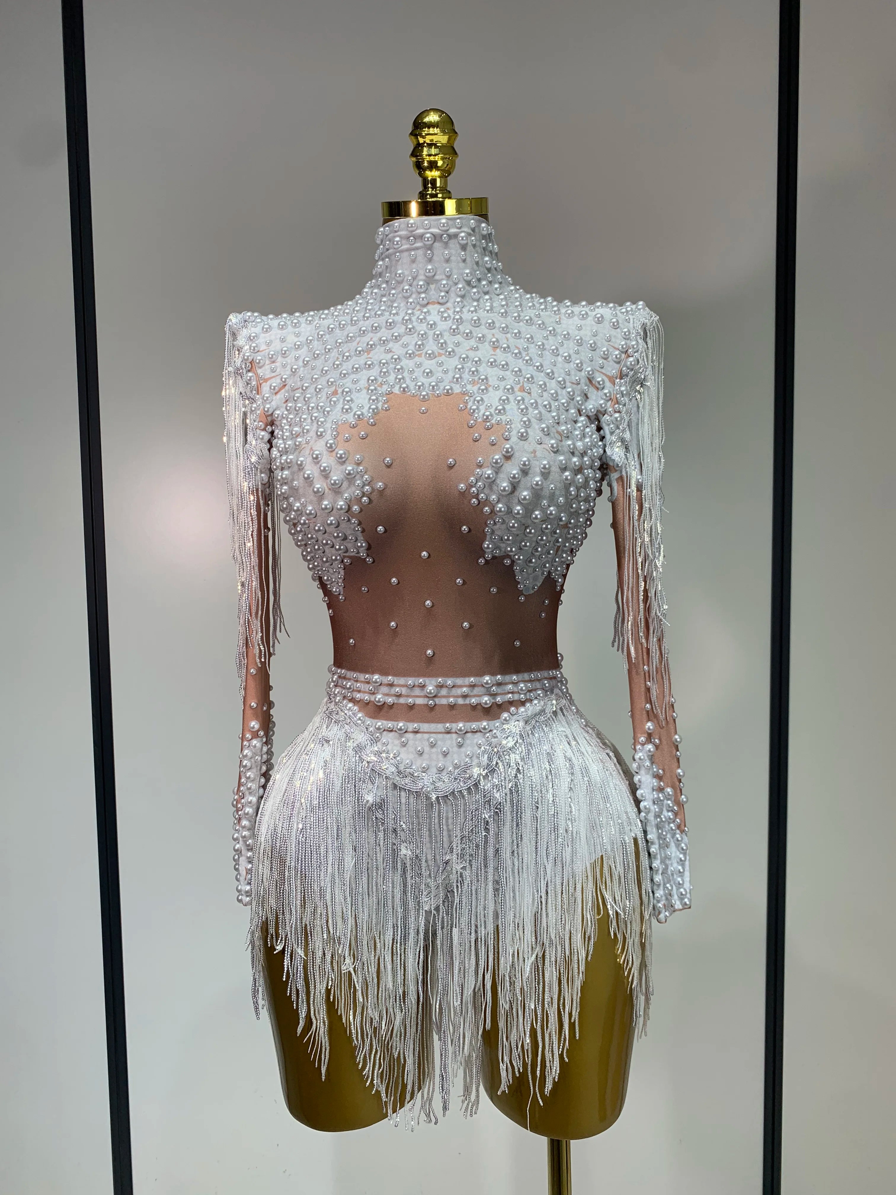 Women Sexy Elasticity Performance Dance Nightclub Rompers Singer Stage Outfit Sparkly Rhinestone Tassels Bodysuit Birthday Wear WHITE