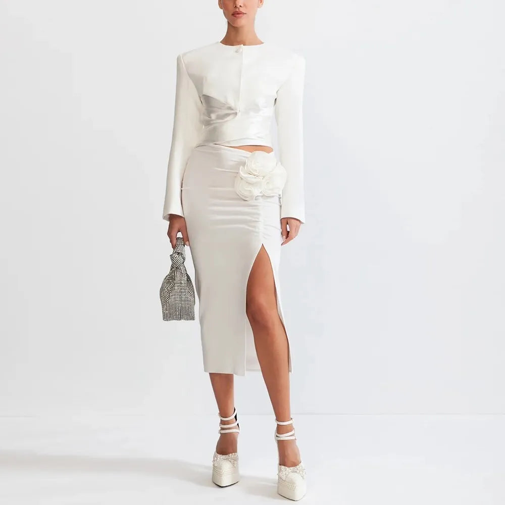 Chic Two Piece Set For Women Round Neck Long Sleeve Top High Waist Spliced Appliques Skirt Elegant Sets Female New WHITE