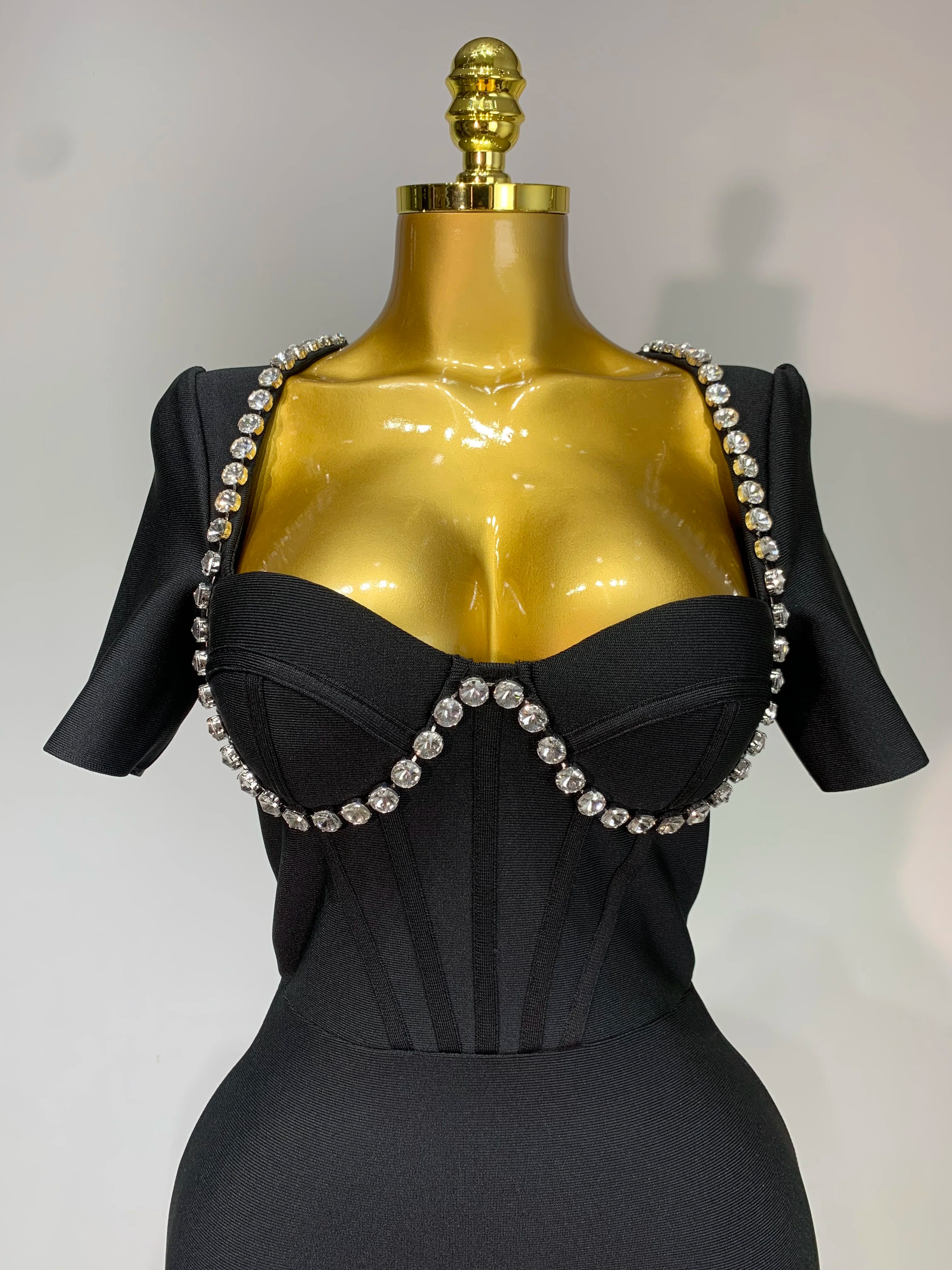 Women Sexy Luxury Rhinestone Short Sleeve Bodycon Dress 2025 Party Evening Celebrate Birthday Black Bandage Club Prom Gown