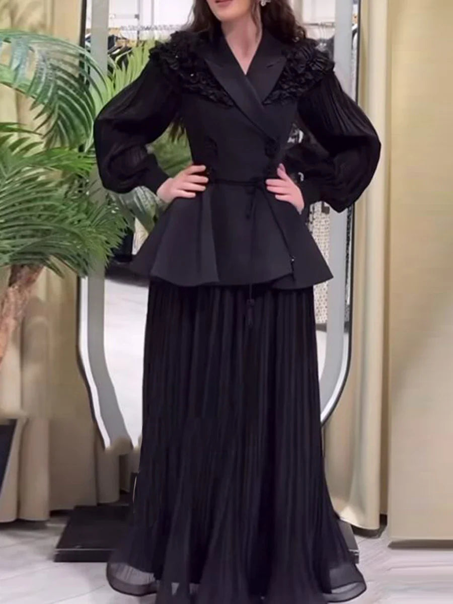 Slimming Two Piece Sets for Women Lapel Long Sleeves Spliced Double Bteasted Top Patchwork Mesh Skirt Female New BLACK