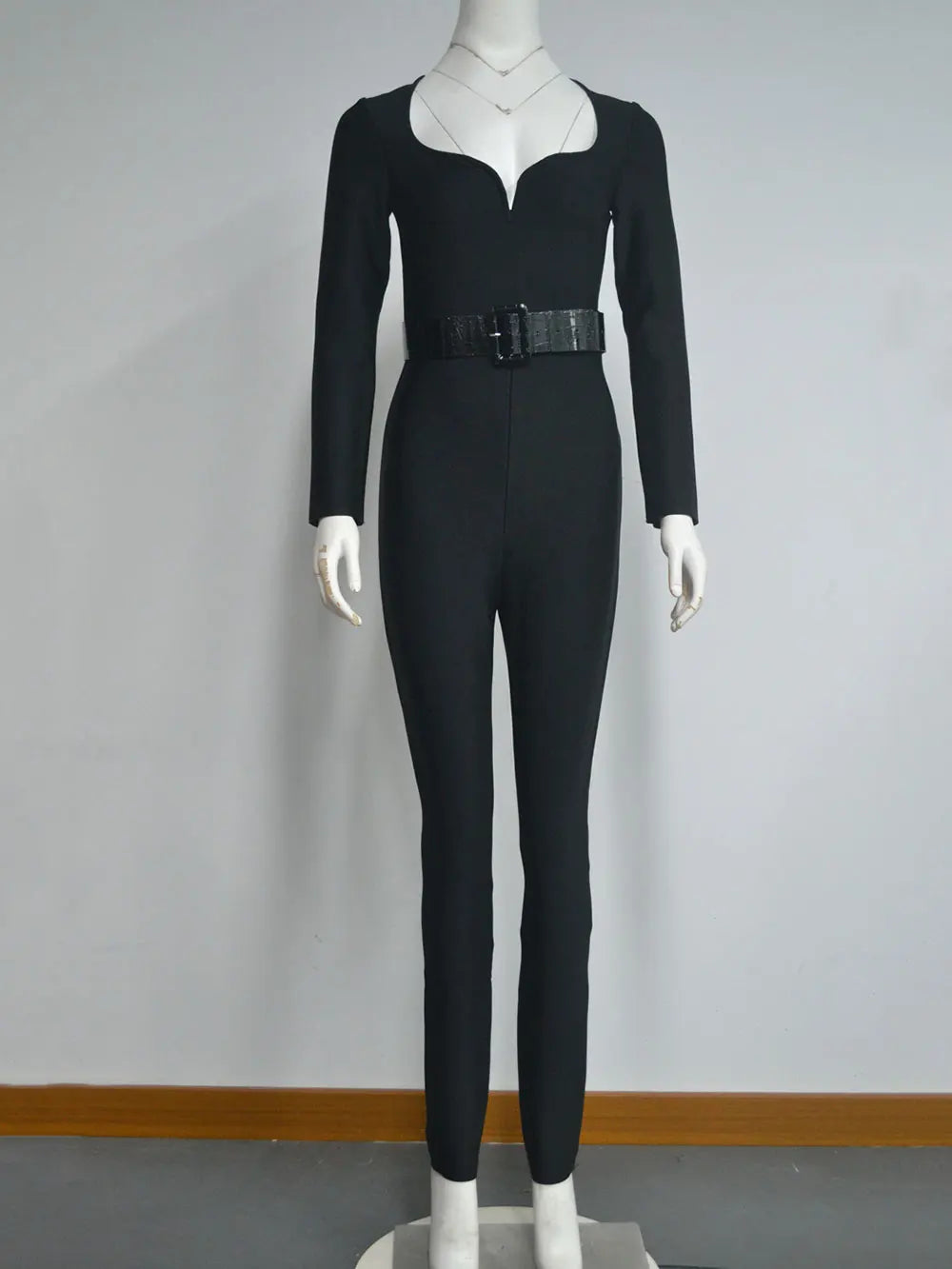 2025 New Women'S Bandage Pencil Jumpsuit V-Neck Long Sleeved Tight Black Waistband Design+Jumpsuit Evening Party Jumpsuit black