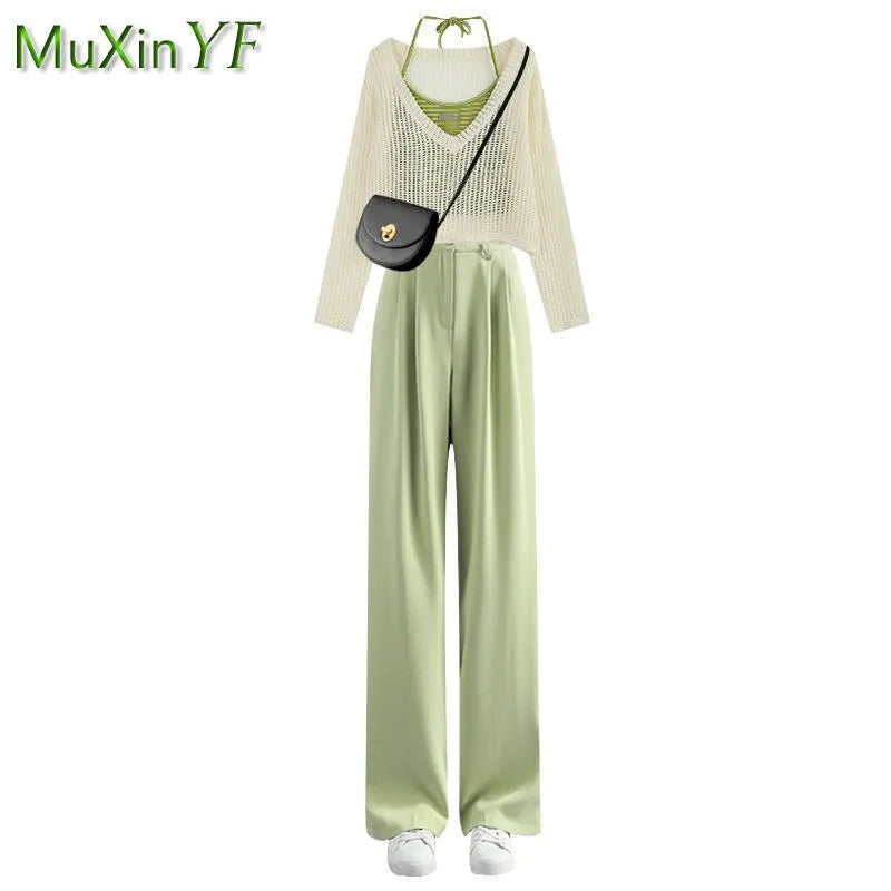 Women's Summer Fashion Hollow Out Shirt+Suspender+Wide Leg Pants Three Piece 2024 New in Matching Set Korean Elegant Tracksuit