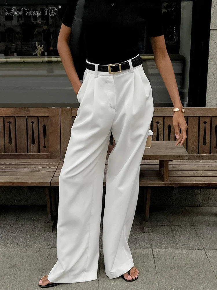 Mnealways18 White Satin High Waist Pants Elegant Women Floor-Length Pleated Trousers Casual Office Ladies Thin Baggy Pants 2024