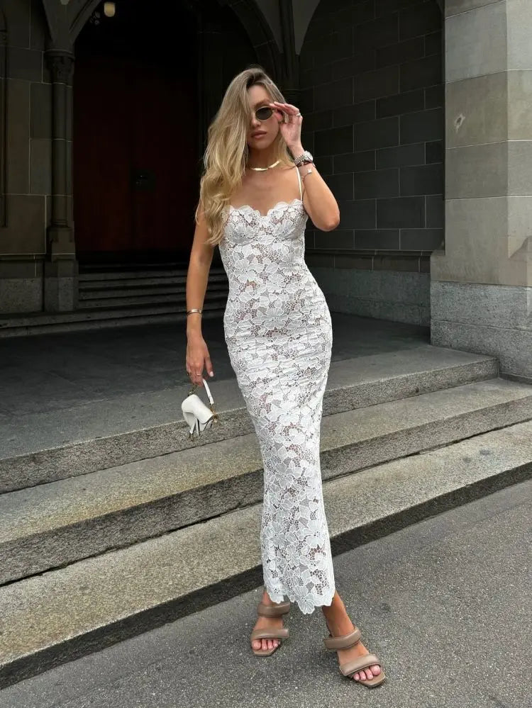 Women Sleeveless Sexy Strap Square Collar Lace Bodycon Long Dress Fashion Celebrate Birthday Vacation Party Dress
