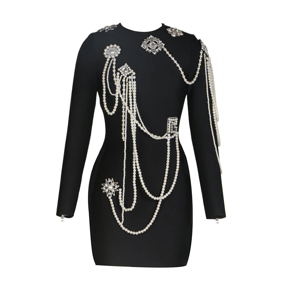 2024 New Spring Women Long Sleeve O-Neck Pearl Beading Bodycon Mini Dress Bandge Fashion Elegant Evening Party Dress Vestido