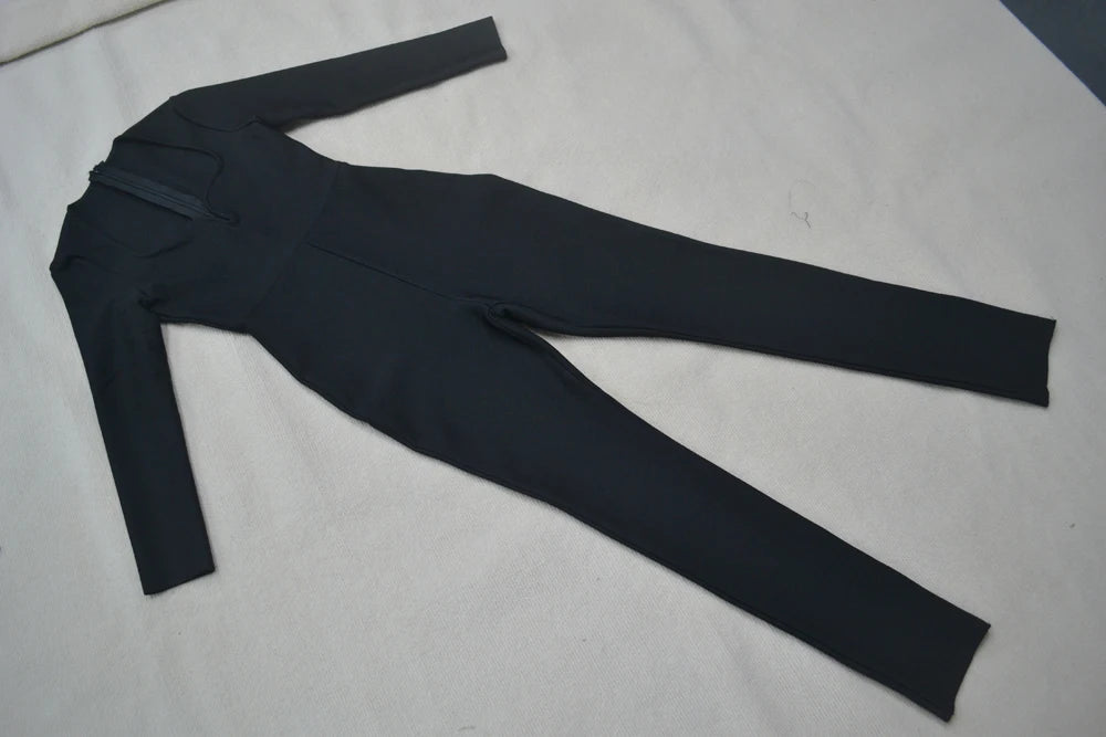 2025 New Women'S Bandage Pencil Jumpsuit V-Neck Long Sleeved Tight Black Waistband Design+Jumpsuit Evening Party Jumpsuit