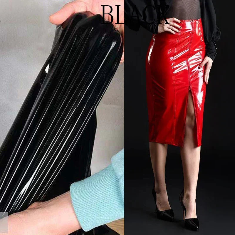 High Waist Faux PU Leather Midi Skirts Women Sexy Front Split Pencil Skirts Ladies Shiny Patent Leather Slim Clubwear New Custom black