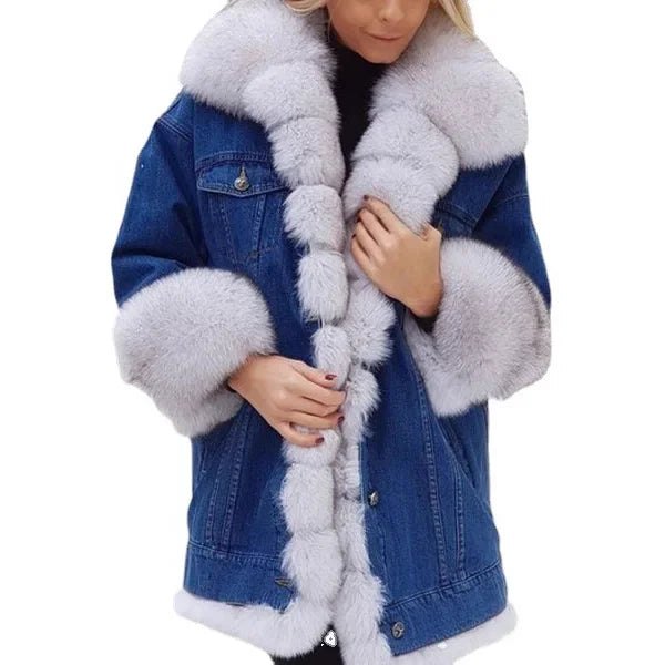 Lazada Best Selling Women's Long Sleeve Faux Fur Leather Denim Jacket Wish Top Brand Chinese Origin Mixed Fur Coat