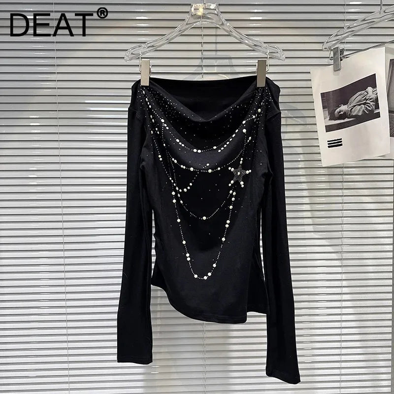 Winter New Sweet Fashion Pearl Rhinestone Hot Rhinestone Chain Pattern T-Shirt For Women Off-shoulder Tops 11A07486