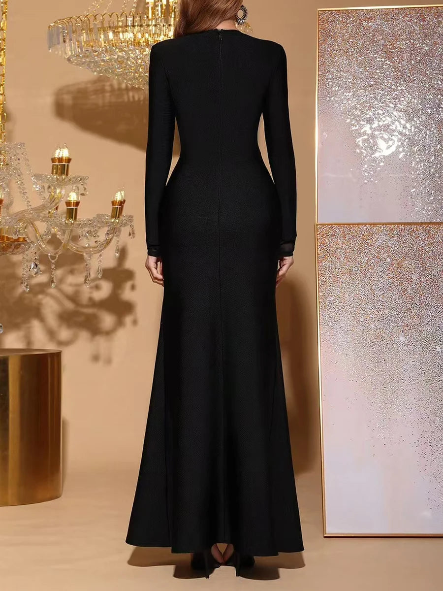 Solid Slimming Spliced Diamonds Dresses for Women Round Neck Long Sleeves Patchwork Mesh Dress Female Clothing New