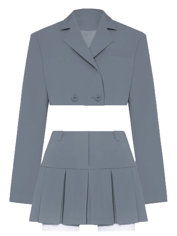 Taruxy Casual Two Piece Sets Women's Fall Outfits 2022 New Black Matching Sets With Skirt And Blazer Cropped Top Suit For Women Grey Suit