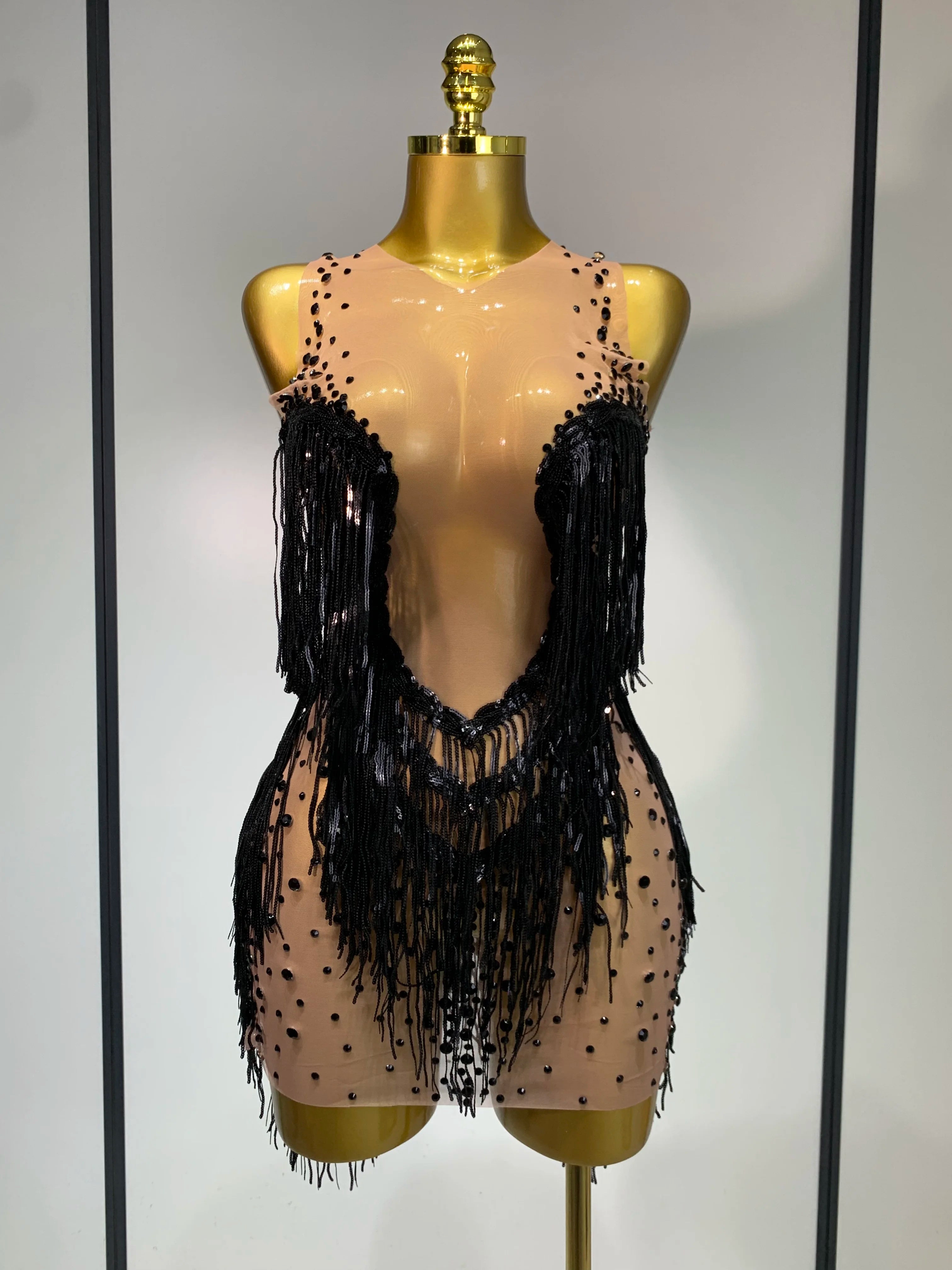 Rhinestones Tassels Mini Dress Suit Luxury Women Sexy See Through Mesh Party Club Dresses Performance Stage Outfit