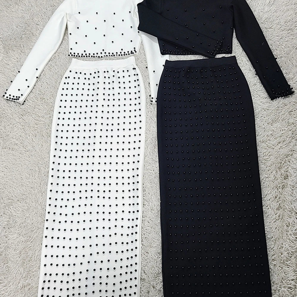 Women'S Black And White Beaded Short Top+Long Skirt Bandage Two-Piece Set Elegant Evening Party Female Outfit 2025 New