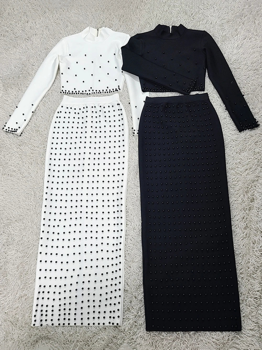 Women'S Black And White Beaded Short Top+Long Skirt Bandage Two-Piece Set Elegant Evening Party Female Outfit 2025 New