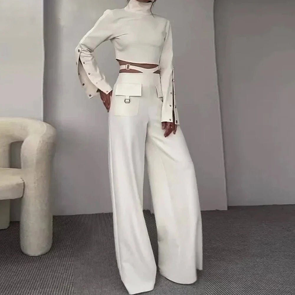 Streetwear Two Piece Set For Women Stand Collar Long Sleeve Top High Waist Pant Wide Leg Pant Chic Sets Female New WHITE