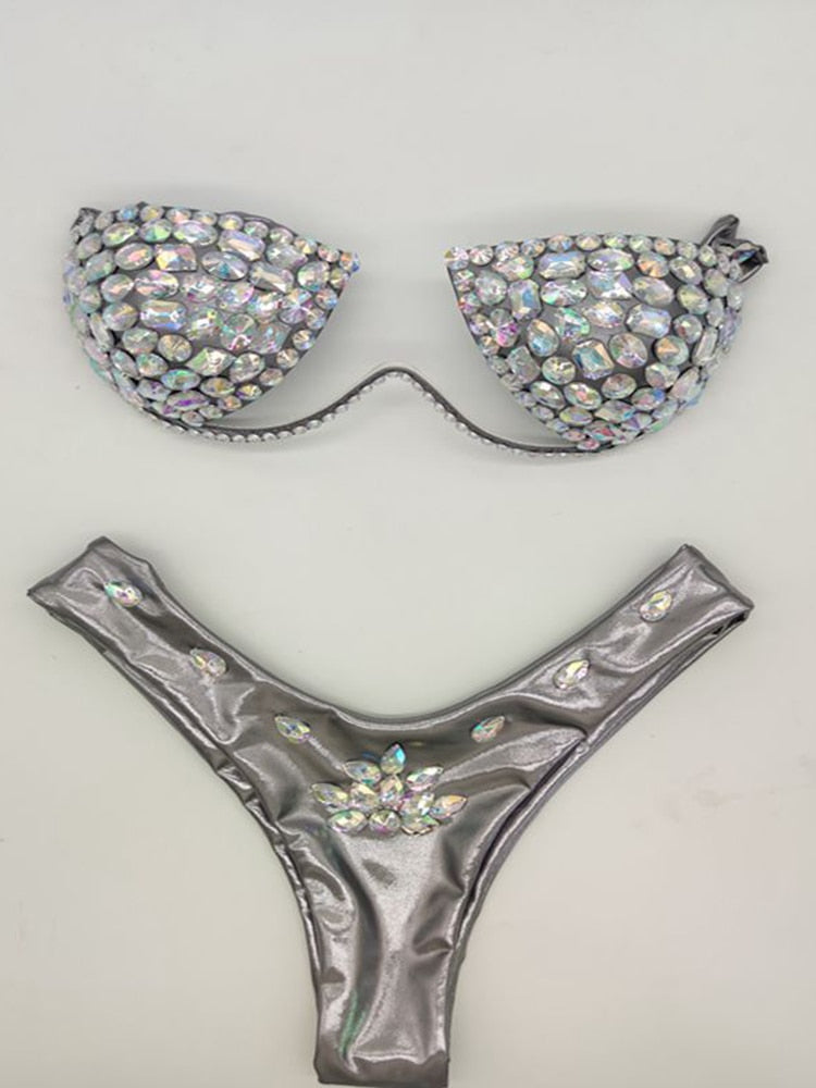 Women's Swimwear Bikini Swimsuit 2024 For Women Summer Beach Shiny Crystal Padded Push Up Bikinis Thong Bathing Sets Outfits Light Gray