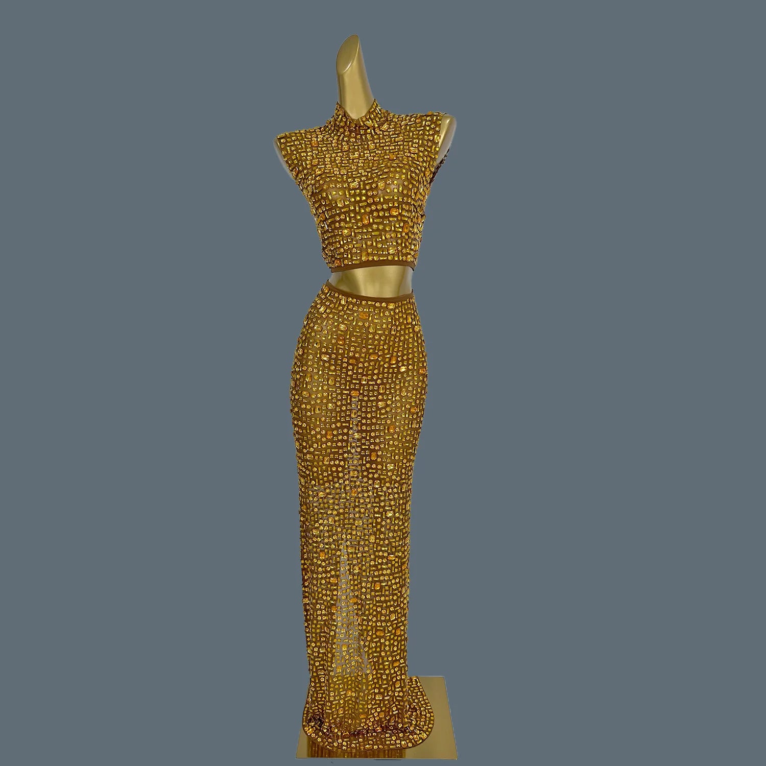 Lady Sexy Two Piece Set See Through Slit Crystal Rhinestone Mesh Dress for Club Party Wear Red Carpet Stage Show Costume Gesebei Gold